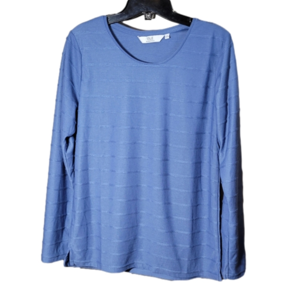 ISLE Blue textured top size 10 crew neck long-sleeved relaxed fit stretch